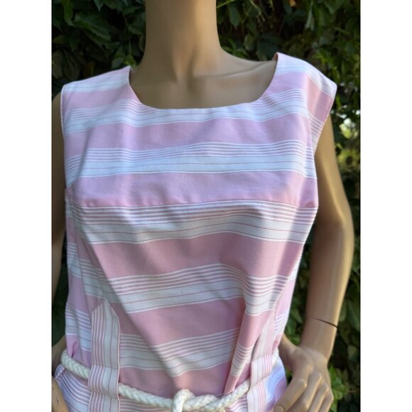 70s 80s Pink Stripe Cotton Sleeveless Shift Dress Rope Belt Scoop Neck Volup - Picture 4 of 11
